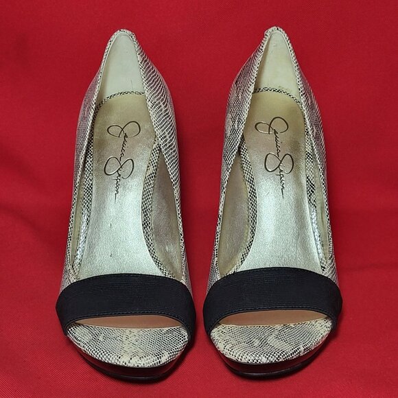 Jessica Simpson Kairie Nude Snakeskin Leather Peep Toe Platform Pumps 8B - Picture 1 of 12